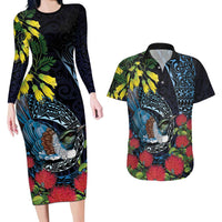 New Zealand Tui Bird Couples Matching Long Sleeve Bodycon Dress and Hawaiian Shirt Maori Koru Mix Pohutukawa