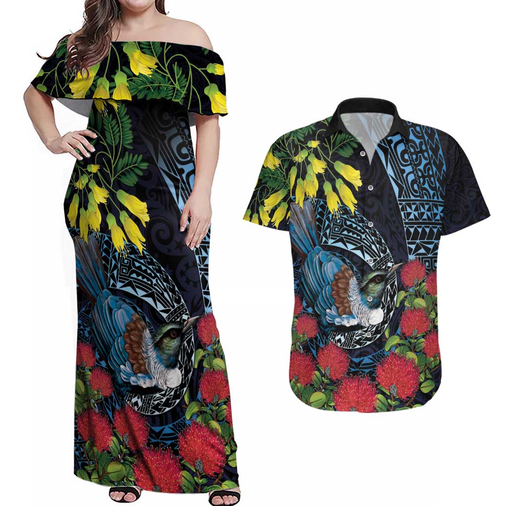 New Zealand Tui Bird Couples Matching Off Shoulder Maxi Dress and Hawaiian Shirt Maori Koru Mix Pohutukawa