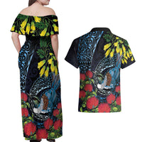 New Zealand Tui Bird Couples Matching Off Shoulder Maxi Dress and Hawaiian Shirt Maori Koru Mix Pohutukawa