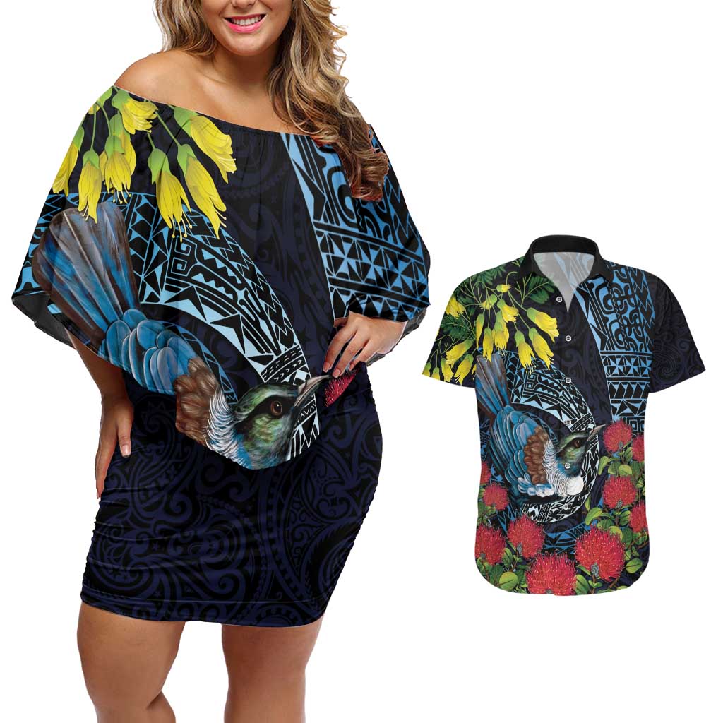 New Zealand Tui Bird Couples Matching Off Shoulder Short Dress and Hawaiian Shirt Maori Koru Mix Pohutukawa