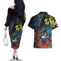 New Zealand Tui Bird Couples Matching Off The Shoulder Long Sleeve Dress and Hawaiian Shirt Maori Koru Mix Pohutukawa