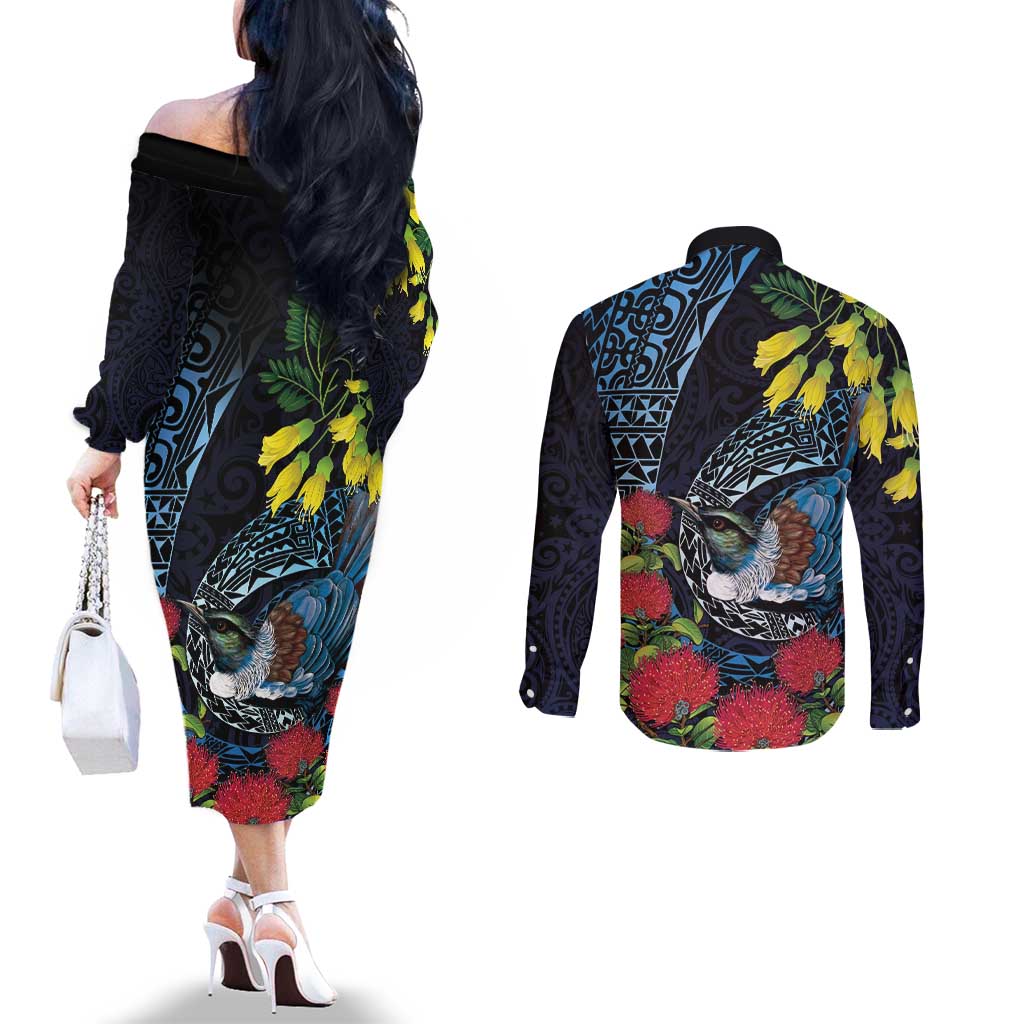 New Zealand Tui Bird Couples Matching Off The Shoulder Long Sleeve Dress and Long Sleeve Button Shirt Maori Koru Mix Pohutukawa