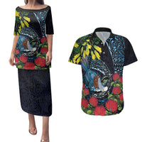 New Zealand Tui Bird Couples Matching Puletasi and Hawaiian Shirt Maori Koru Mix Pohutukawa