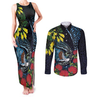 New Zealand Tui Bird Couples Matching Tank Maxi Dress and Long Sleeve Button Shirt Maori Koru Mix Pohutukawa DT04 Black - Polynesian Pride