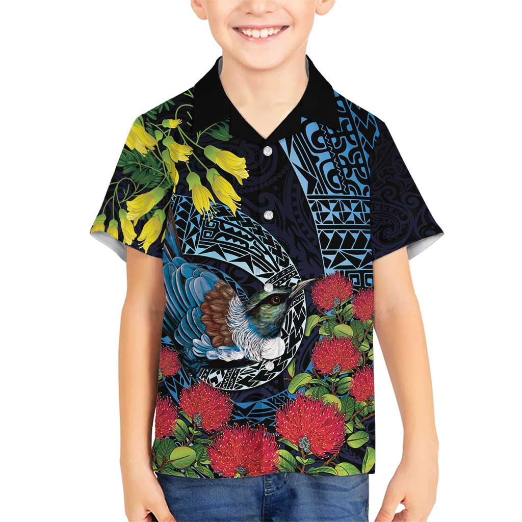 New Zealand Tui Bird Family Matching Long Sleeve Bodycon Dress and Hawaiian Shirt Maori Koru Mix Pohutukawa