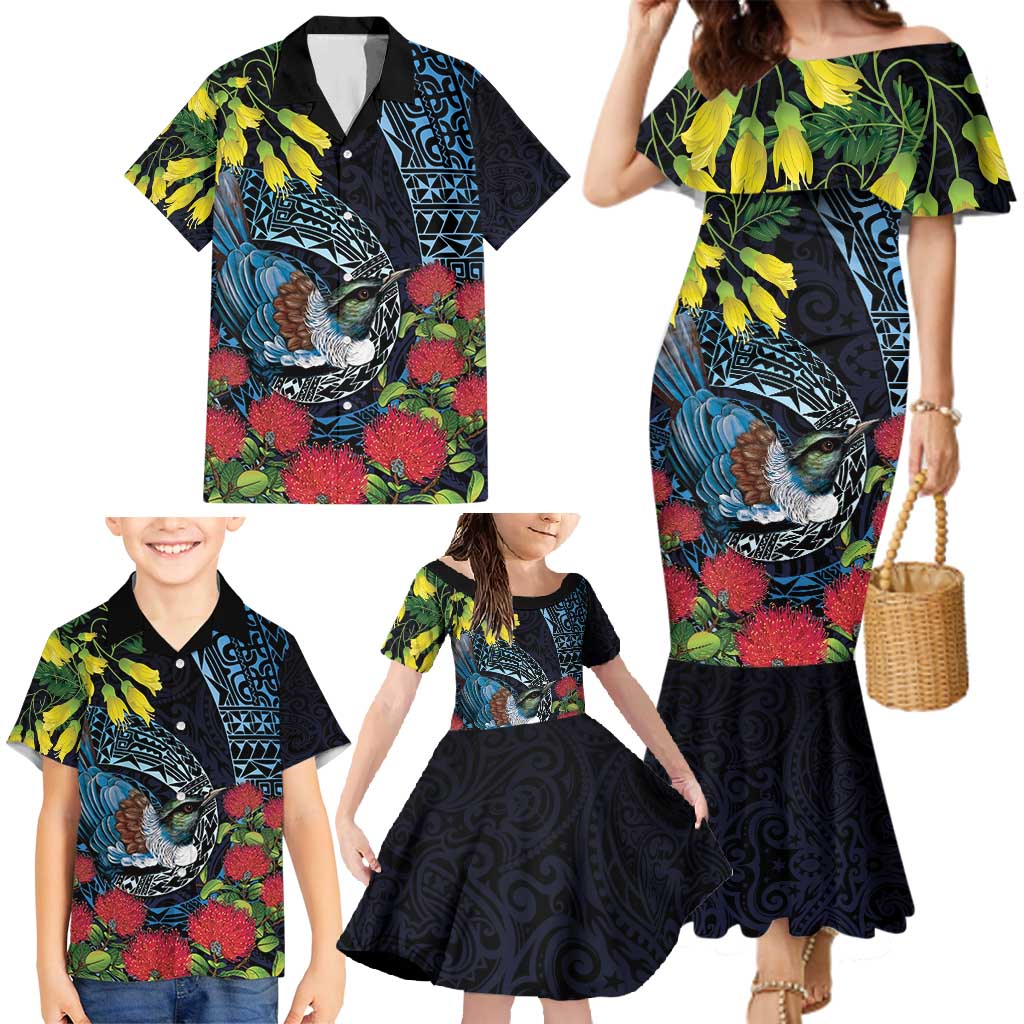 New Zealand Tui Bird Family Matching Mermaid Dress and Hawaiian Shirt Maori Koru Mix Pohutukawa
