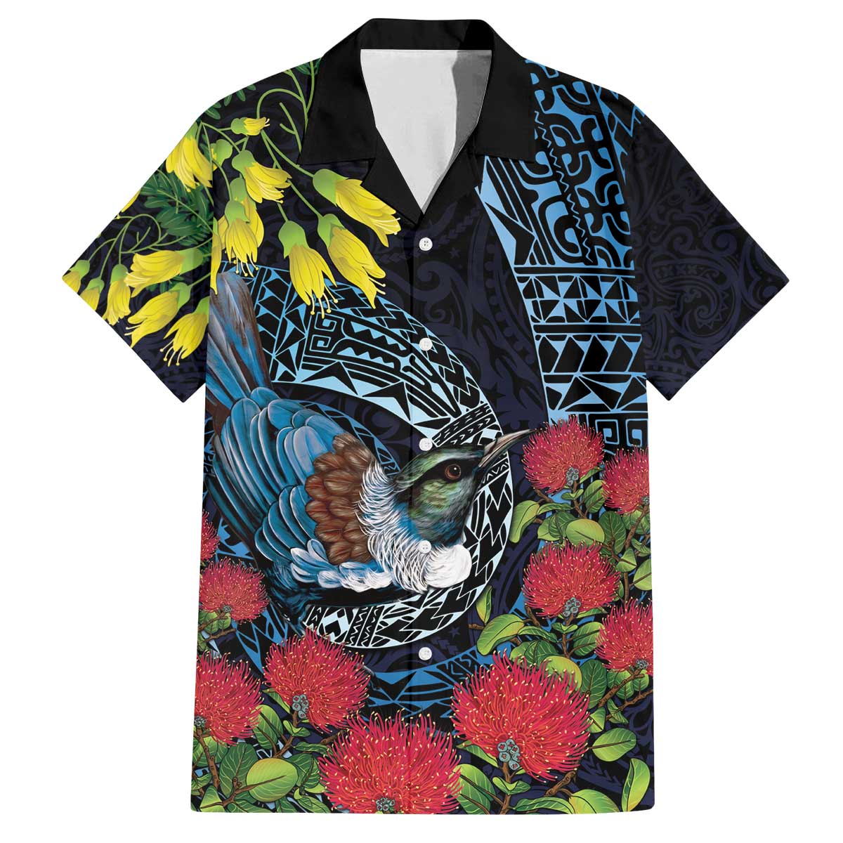New Zealand Tui Bird Family Matching Off The Shoulder Long Sleeve Dress and Hawaiian Shirt Maori Koru Mix Pohutukawa