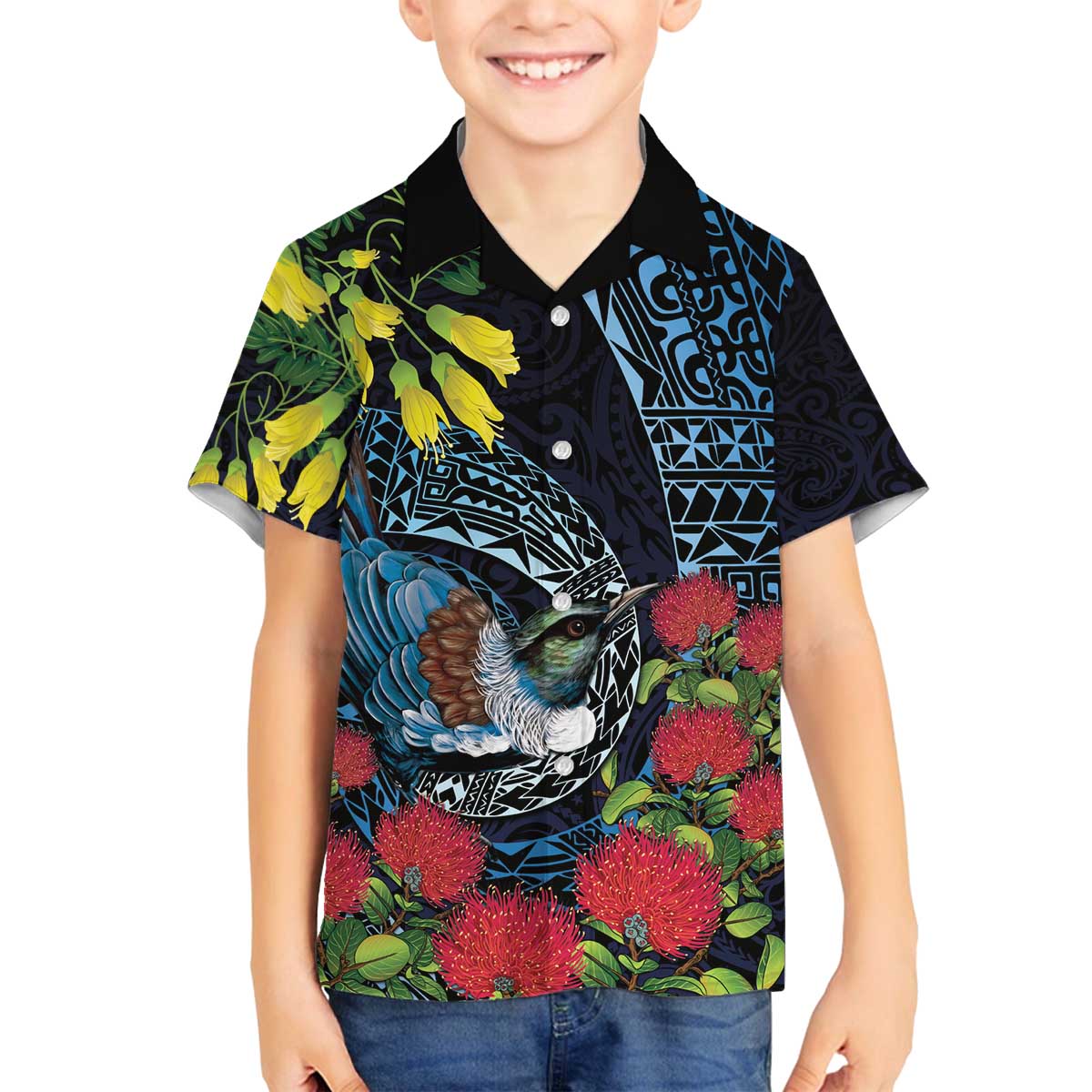 New Zealand Tui Bird Family Matching Off The Shoulder Long Sleeve Dress and Hawaiian Shirt Maori Koru Mix Pohutukawa