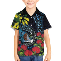 New Zealand Tui Bird Family Matching Off The Shoulder Long Sleeve Dress and Hawaiian Shirt Maori Koru Mix Pohutukawa