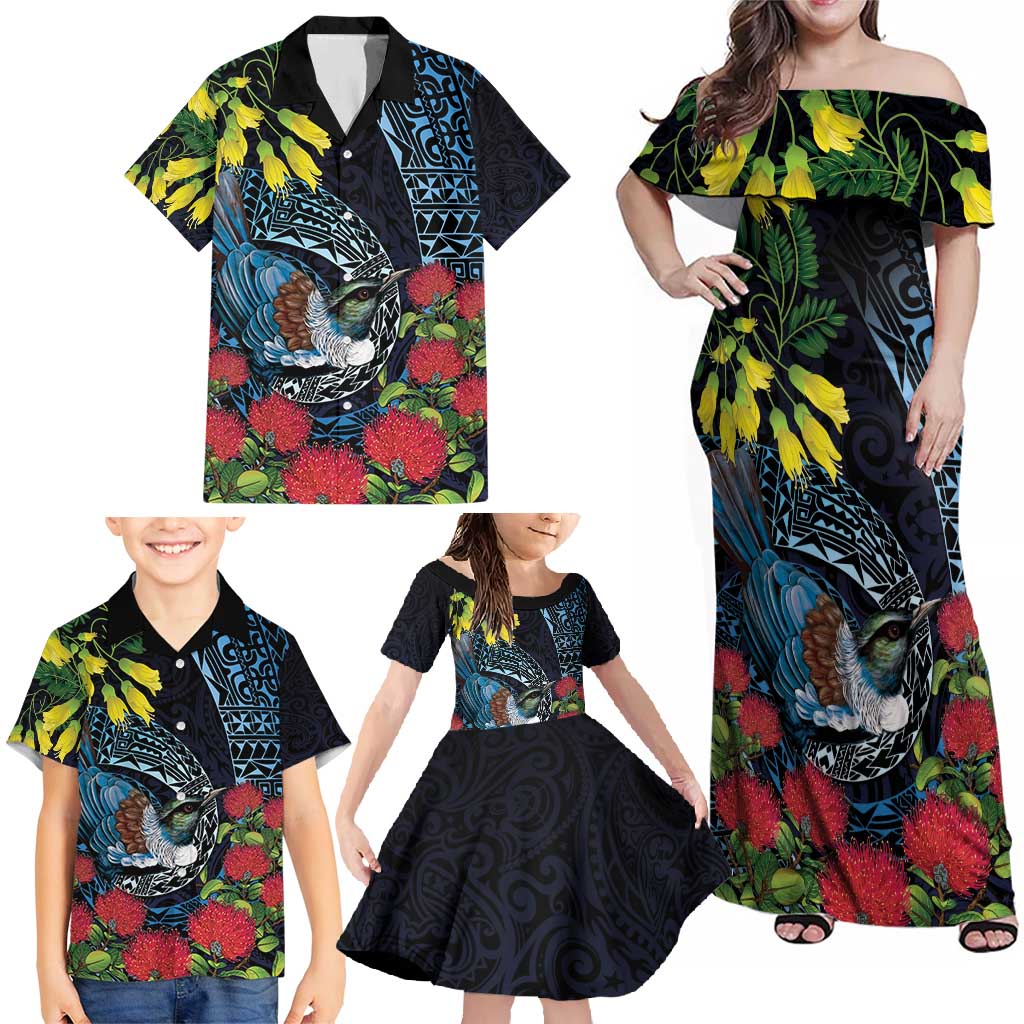 New Zealand Tui Bird Family Matching Off Shoulder Maxi Dress and Hawaiian Shirt Maori Koru Mix Pohutukawa