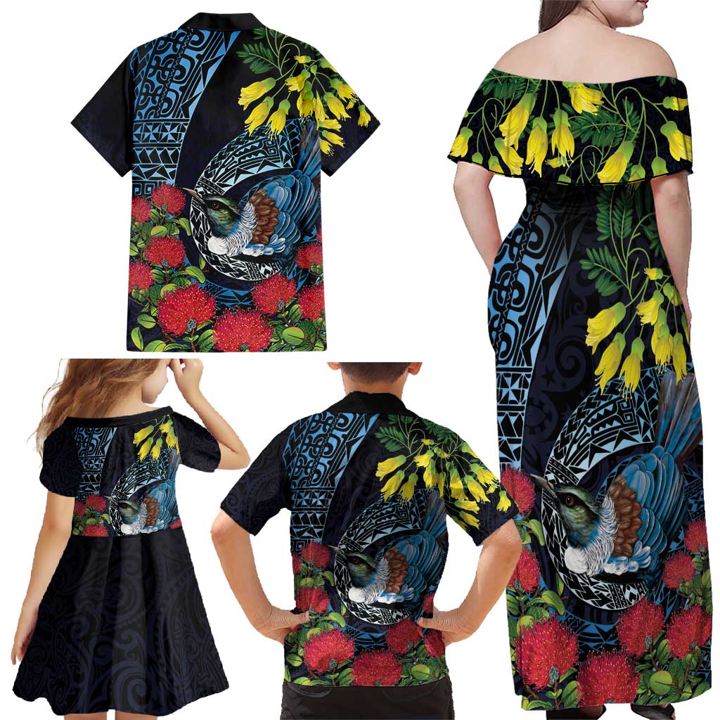 New Zealand Tui Bird Family Matching Off Shoulder Maxi Dress and Hawaiian Shirt Maori Koru Mix Pohutukawa
