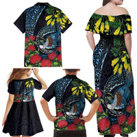New Zealand Tui Bird Family Matching Off Shoulder Maxi Dress and Hawaiian Shirt Maori Koru Mix Pohutukawa