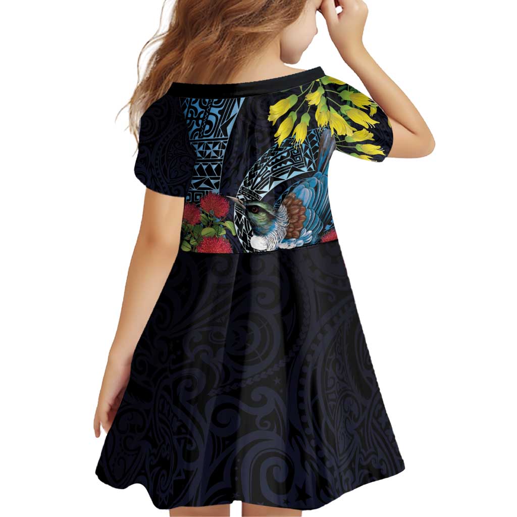 New Zealand Tui Bird Family Matching Off Shoulder Short Dress and Hawaiian Shirt Maori Koru Mix Pohutukawa