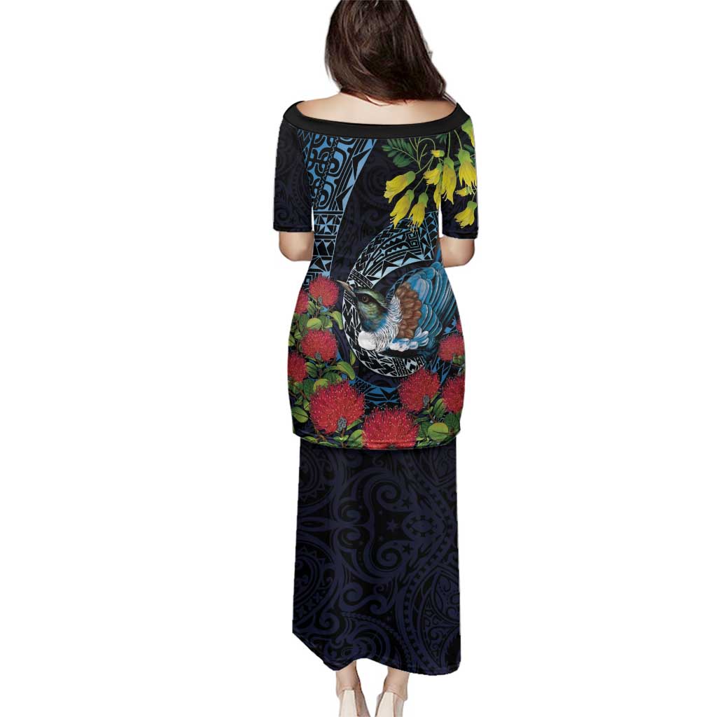 New Zealand Tui Bird Family Matching Puletasi and Hawaiian Shirt Maori Koru Mix Pohutukawa