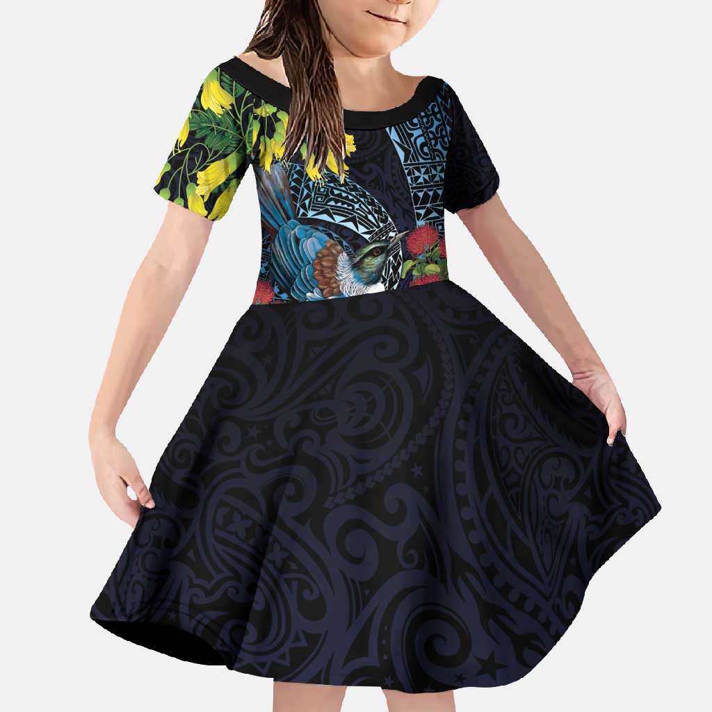 New Zealand Tui Bird Family Matching Short Sleeve Bodycon Dress and Hawaiian Shirt Maori Koru Mix Pohutukawa