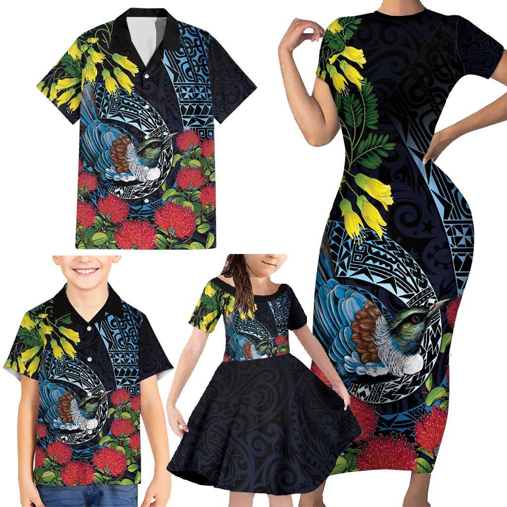 New Zealand Tui Bird Family Matching Short Sleeve Bodycon Dress and Hawaiian Shirt Maori Koru Mix Pohutukawa