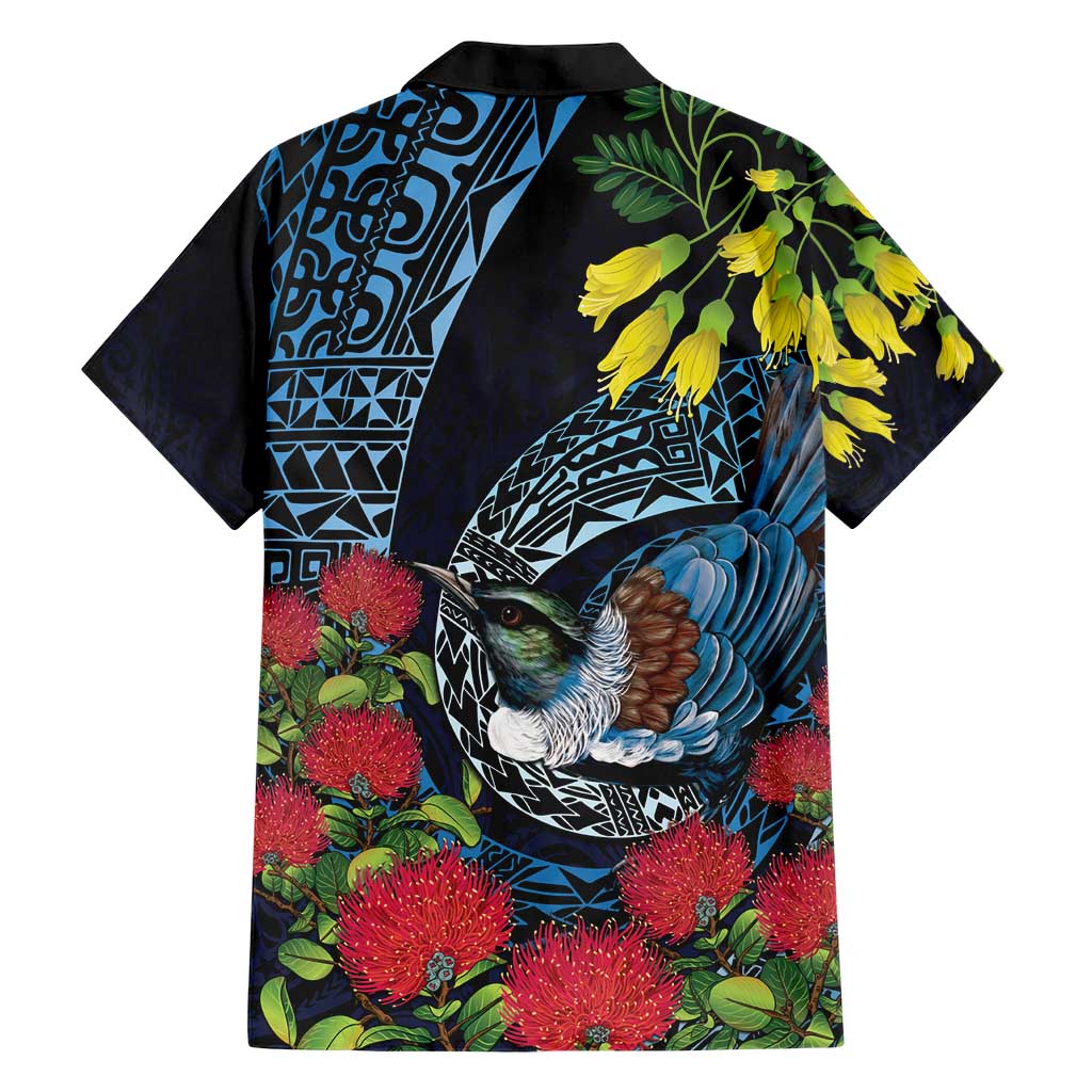 New Zealand Tui Bird Family Matching Short Sleeve Bodycon Dress and Hawaiian Shirt Maori Koru Mix Pohutukawa