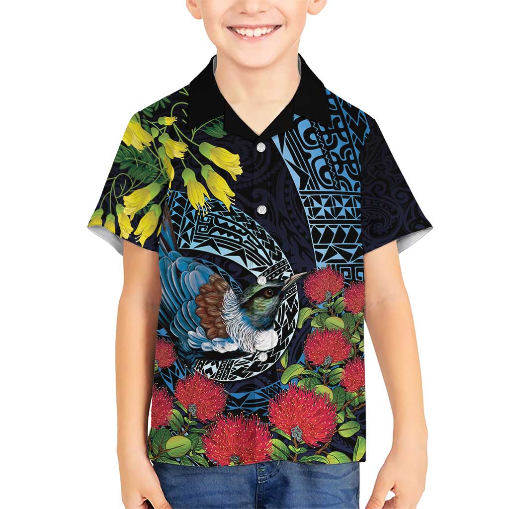 New Zealand Tui Bird Family Matching Short Sleeve Bodycon Dress and Hawaiian Shirt Maori Koru Mix Pohutukawa