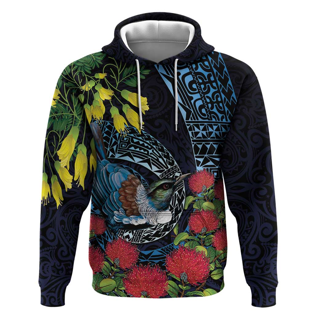 New Zealand Tui Bird Hoodie Maori Koru Mix Pohutukawa