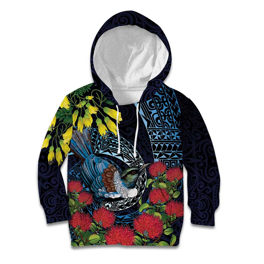 New Zealand Tui Bird Kid Hoodie Maori Koru Mix Pohutukawa