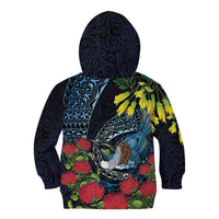New Zealand Tui Bird Kid Hoodie Maori Koru Mix Pohutukawa