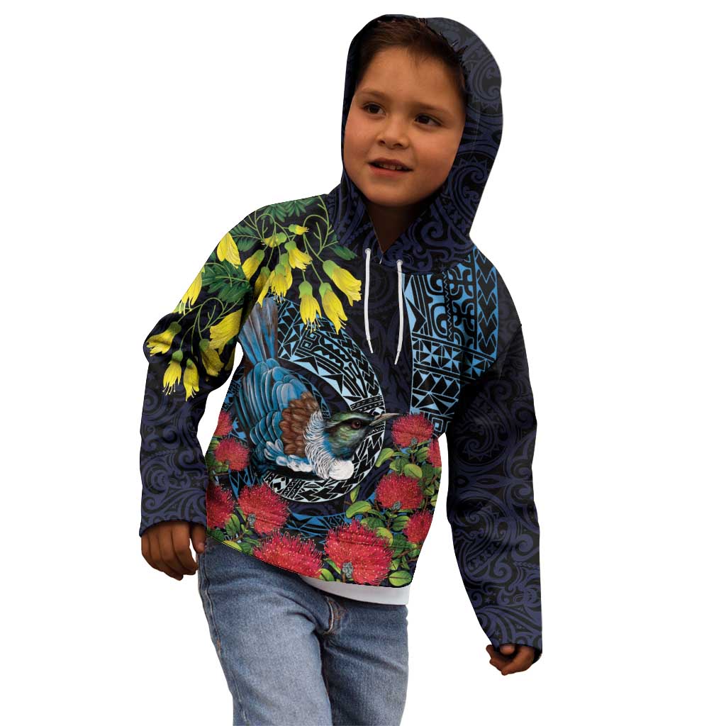 New Zealand Tui Bird Kid Hoodie Maori Koru Mix Pohutukawa