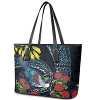 New Zealand Tui Bird Leather Tote Bag Maori Koru Mix Pohutukawa