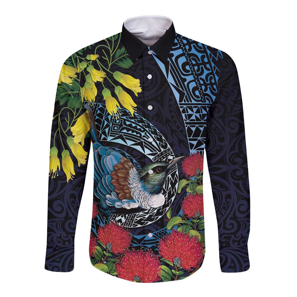 New Zealand Tui Bird Long Sleeve Button Shirt Maori Koru Mix Pohutukawa DT04 Unisex Black - Polynesian Pride