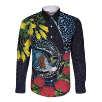 New Zealand Tui Bird Long Sleeve Button Shirt Maori Koru Mix Pohutukawa DT04 Unisex Black - Polynesian Pride