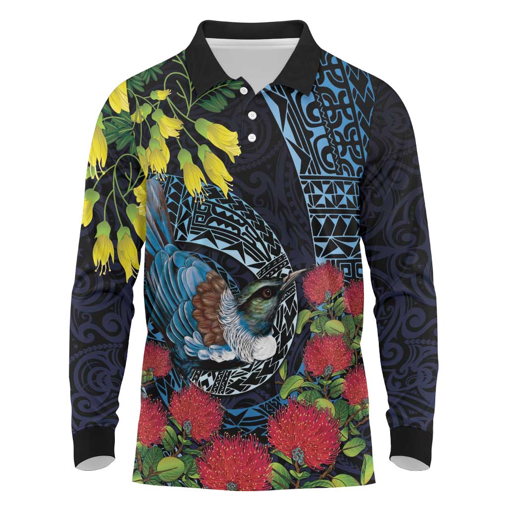 New Zealand Tui Bird Long Sleeve Polo Shirt Maori Koru Mix Pohutukawa