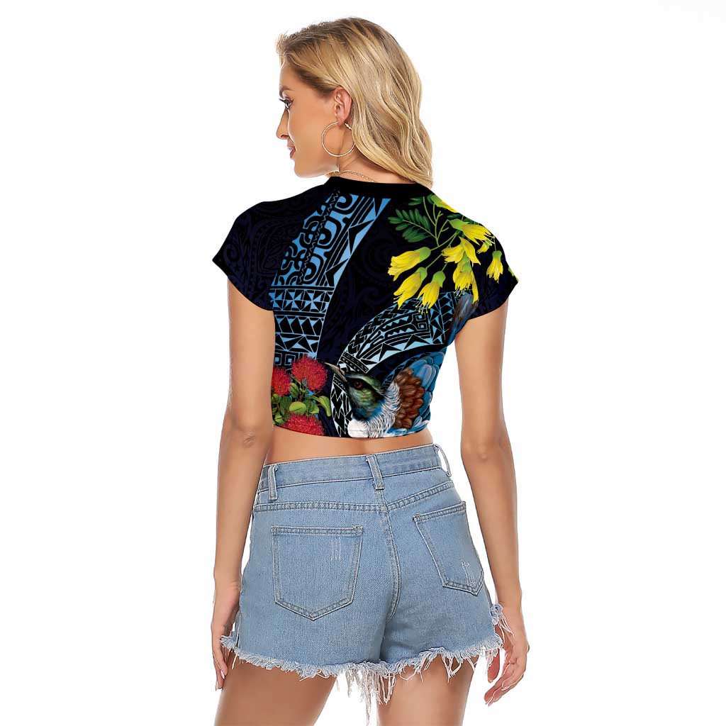 New Zealand Tui Bird Raglan Cropped T Shirt Maori Koru Mix Pohutukawa