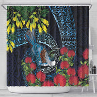 New Zealand Tui Bird Shower Curtain Maori Koru Mix Pohutukawa