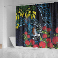 New Zealand Tui Bird Shower Curtain Maori Koru Mix Pohutukawa