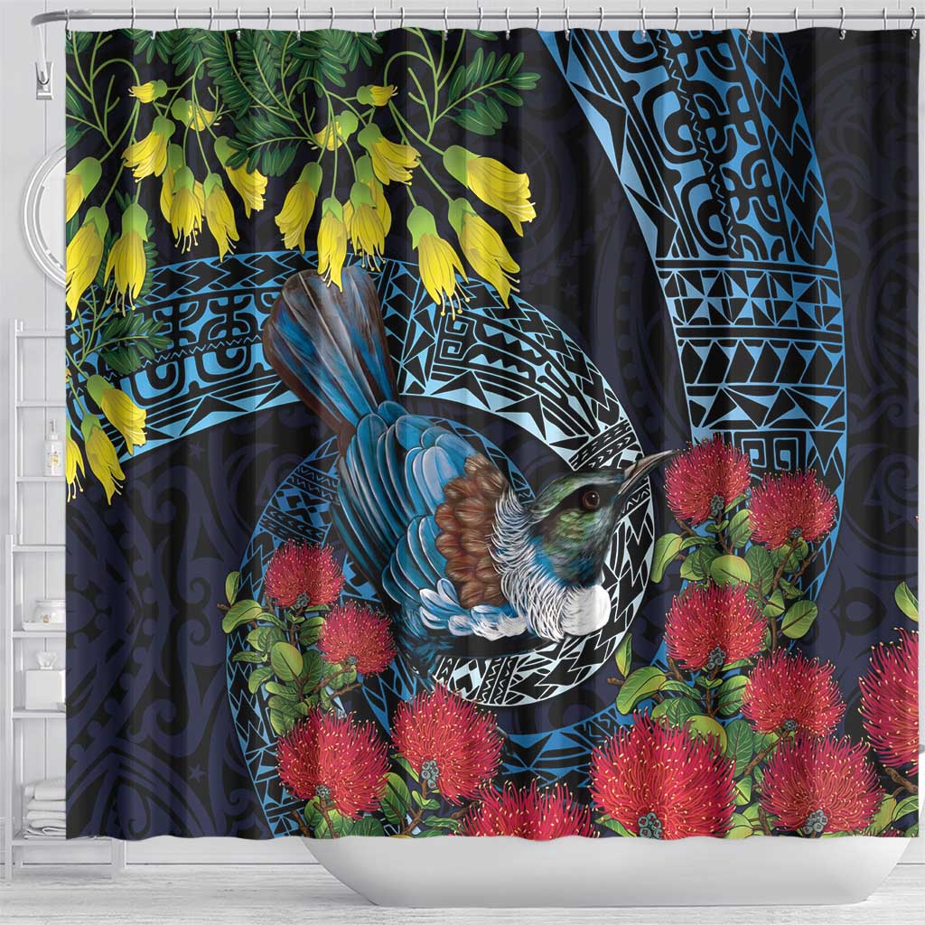 New Zealand Tui Bird Shower Curtain Maori Koru Mix Pohutukawa