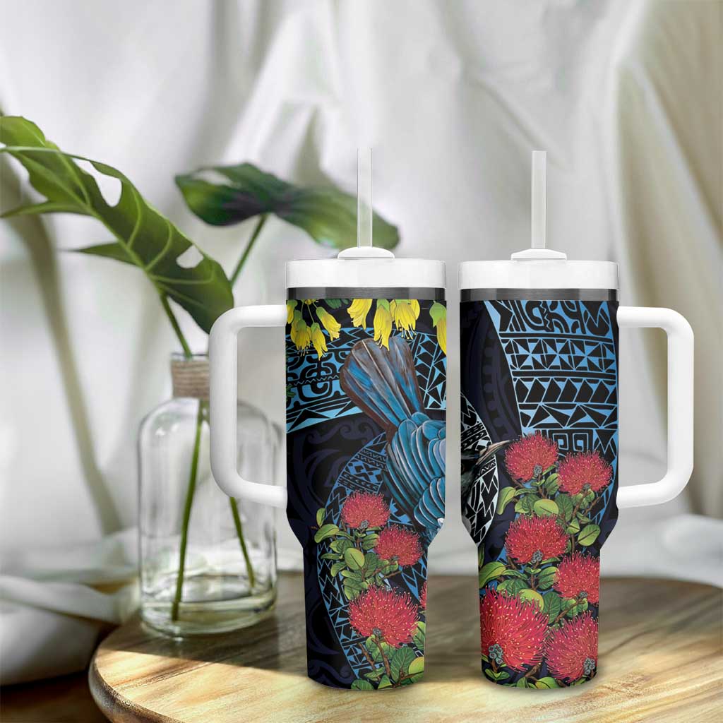 New Zealand Tui Bird Tumbler With Handle Maori Koru Mix Pohutukawa