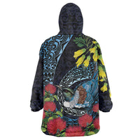 New Zealand Tui Bird Wearable Blanket Hoodie Maori Koru Mix Pohutukawa