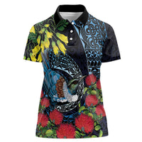 New Zealand Tui Bird Women Polo Shirt Maori Koru Mix Pohutukawa