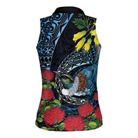 New Zealand Tui Bird Women Sleeveless Polo Shirt Maori Koru Mix Pohutukawa