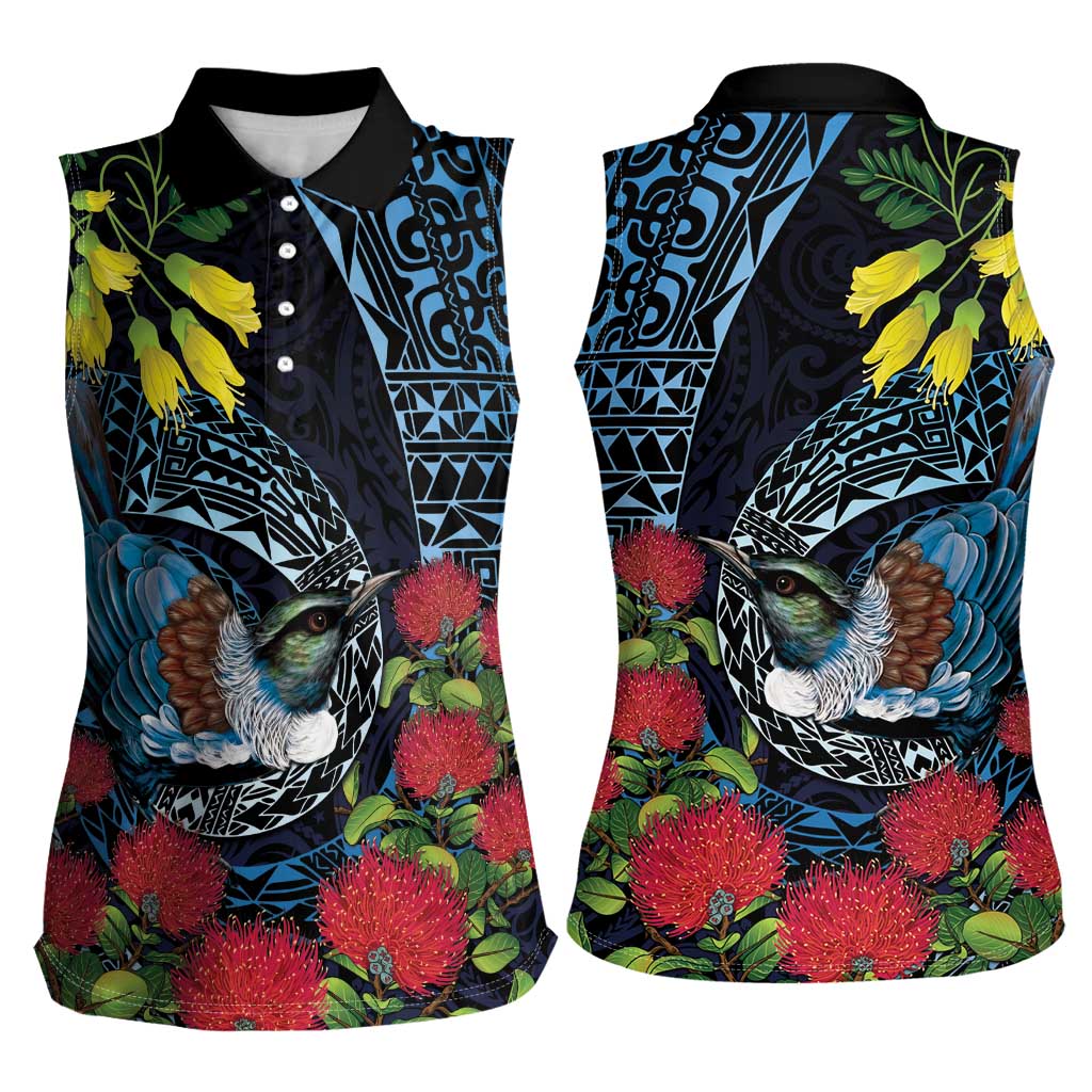 New Zealand Tui Bird Women Sleeveless Polo Shirt Maori Koru Mix Pohutukawa