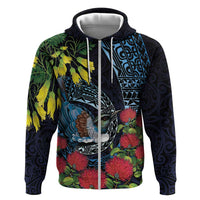 New Zealand Tui Bird Zip Hoodie Maori Koru Mix Pohutukawa