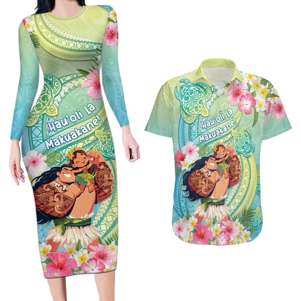 Personalised Hawaii Father's Day Couples Matching Long Sleeve Bodycon Dress and Hawaiian Shirt Happy Father And Child