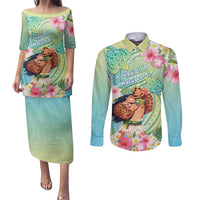 Personalised Hawaii Father's Day Couples Matching Puletasi and Long Sleeve Button Shirt Happy Father And Child DT04 Green - Polynesian Pride