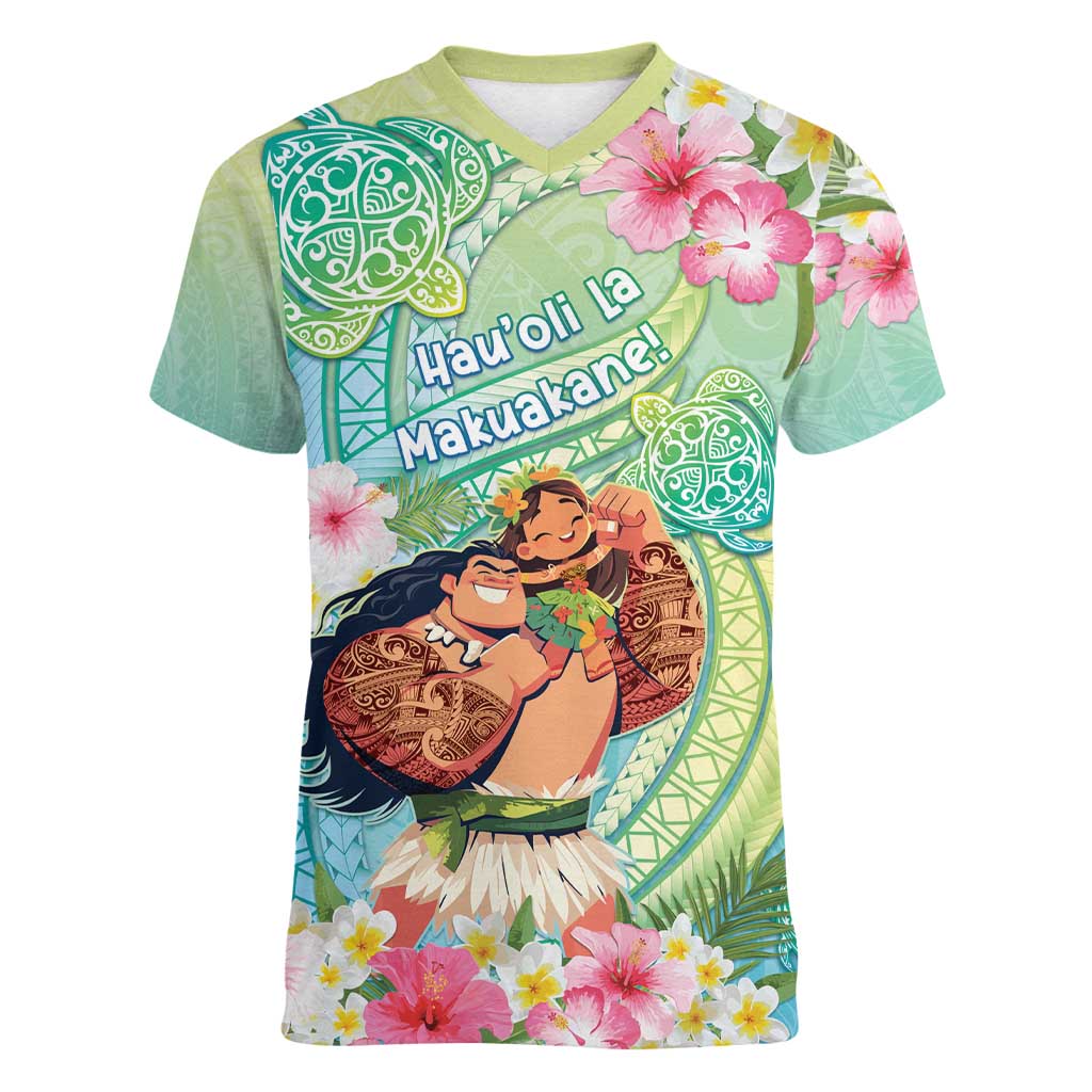 Personalised Hawaii Father's Day Women V-Neck T-Shirt Happy Father And Child DT04 Female Green - Polynesian Pride