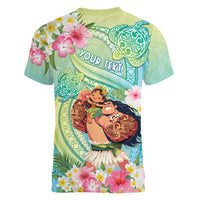 Personalised Hawaii Father's Day Women V-Neck T-Shirt Happy Father And Child DT04 - Polynesian Pride