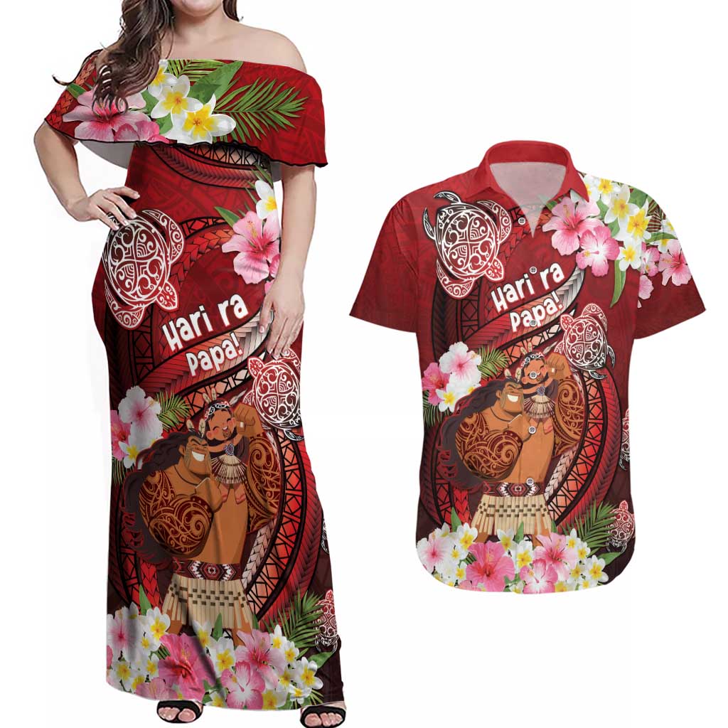 Personalised New Zealand Father's Day Couples Matching Off Shoulder Maxi Dress and Hawaiian Shirt Happy Father And Child