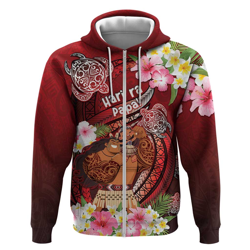 Personalised New Zealand Father's Day Hoodie Happy Father And Child DT04 Zip Hoodie Red - Polynesian Pride