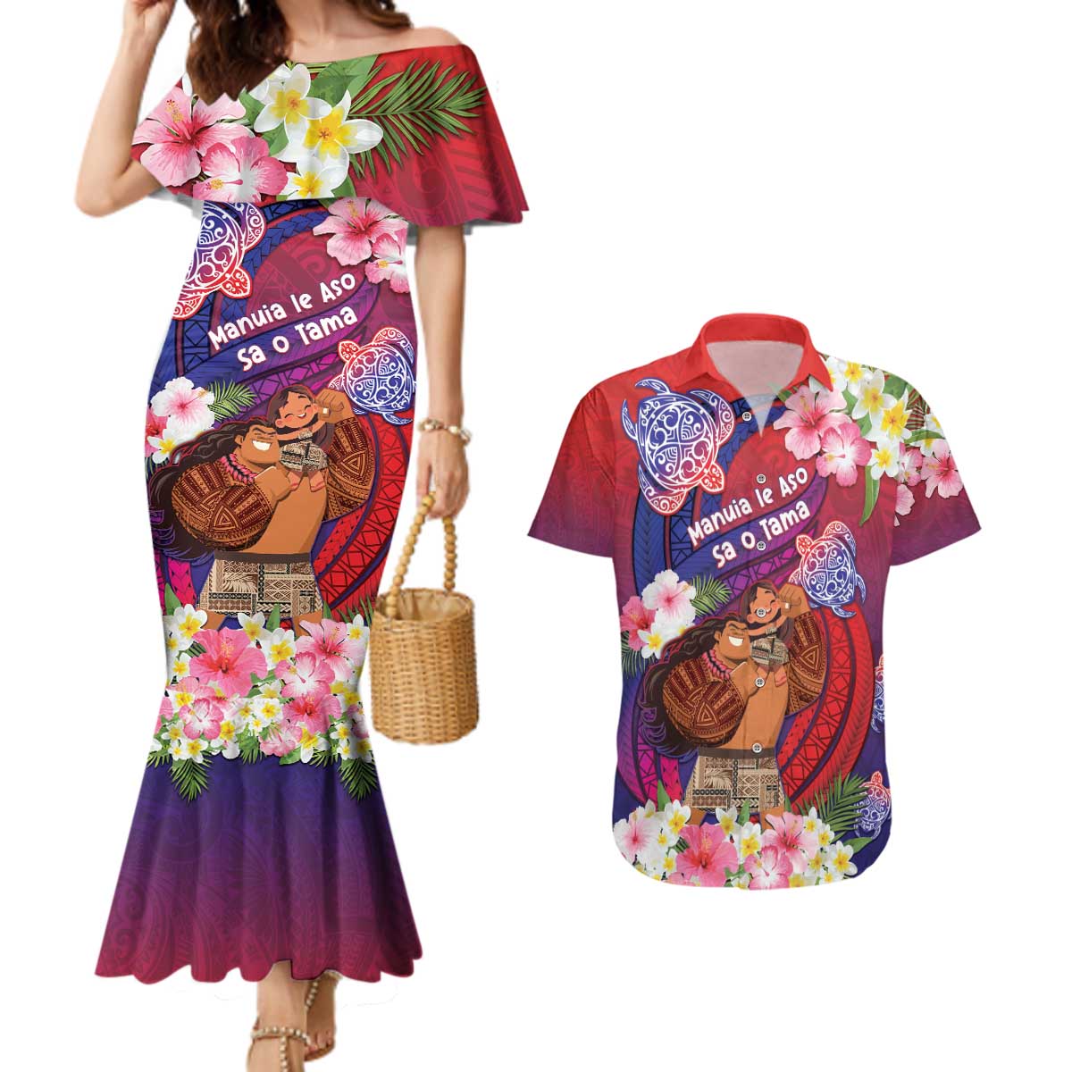 Personalised Samoa Father's Day Couples Matching Mermaid Dress and Hawaiian Shirt Happy Father And Child