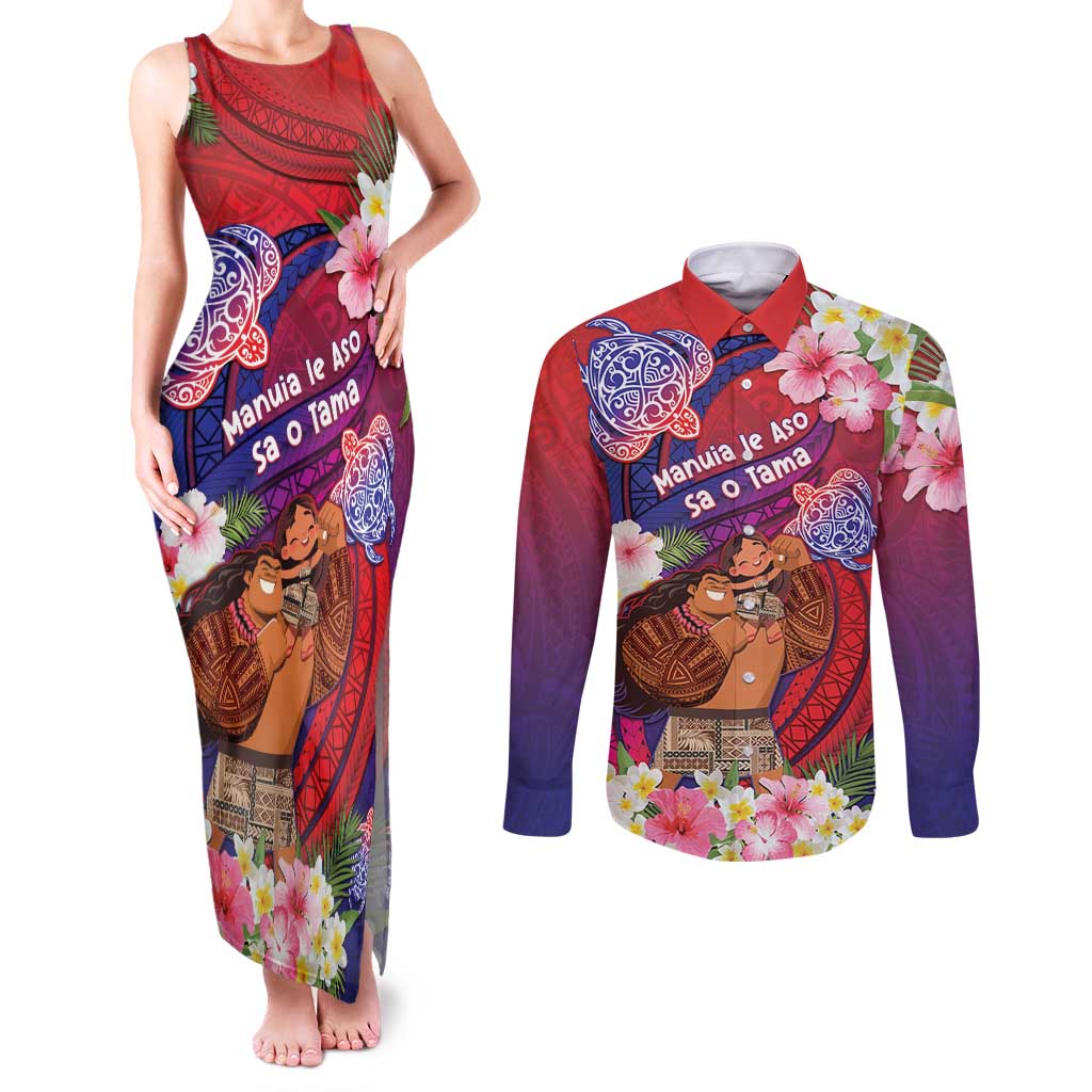 Personalised Samoa Father's Day Couples Matching Tank Maxi Dress and Long Sleeve Button Shirt Happy Father And Child