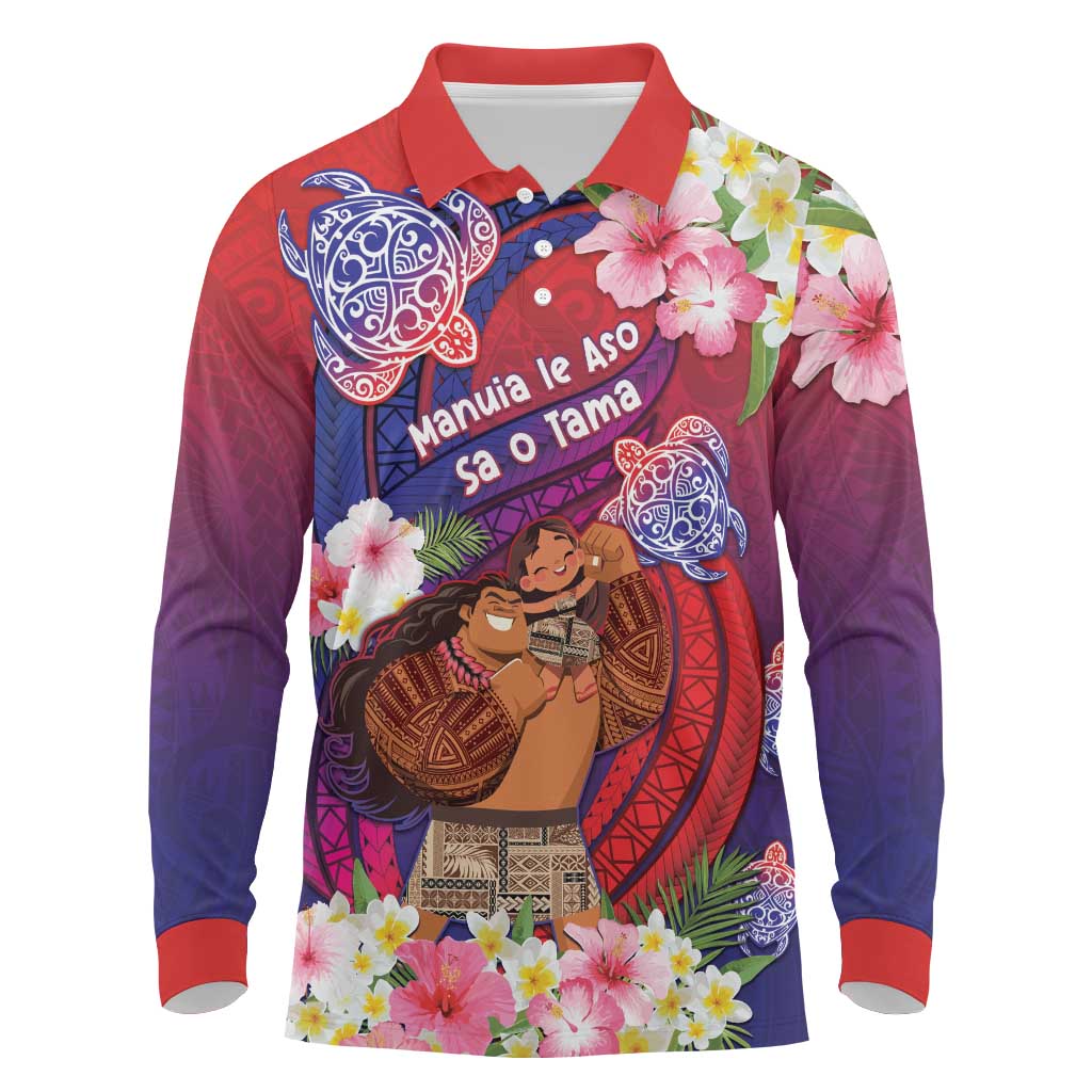 Personalised Samoa Father's Day Long Sleeve Polo Shirt Happy Father And Child DT04 Red - Polynesian Pride