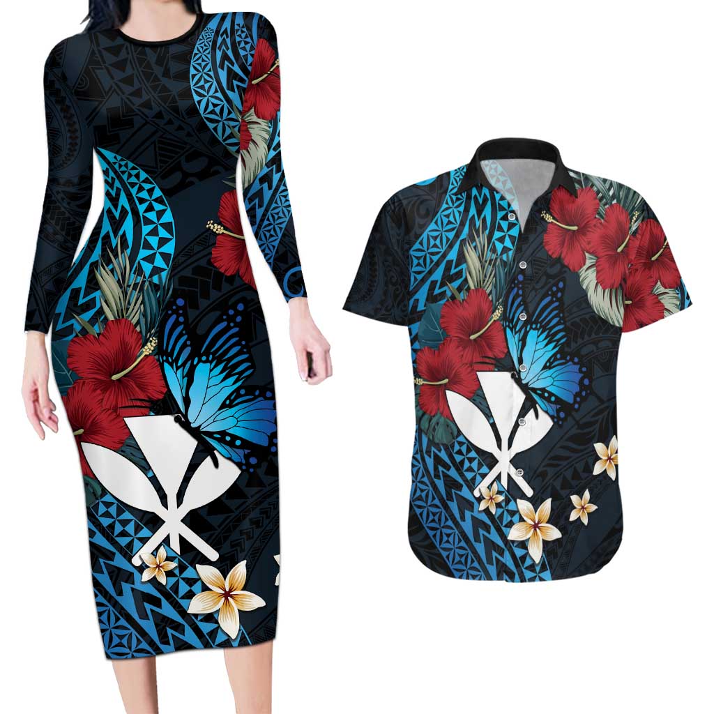 Hawaii Butterfly Couples Matching Long Sleeve Bodycon Dress and Hawaiian Shirt Kanaka Maoli Mix Hibiscus